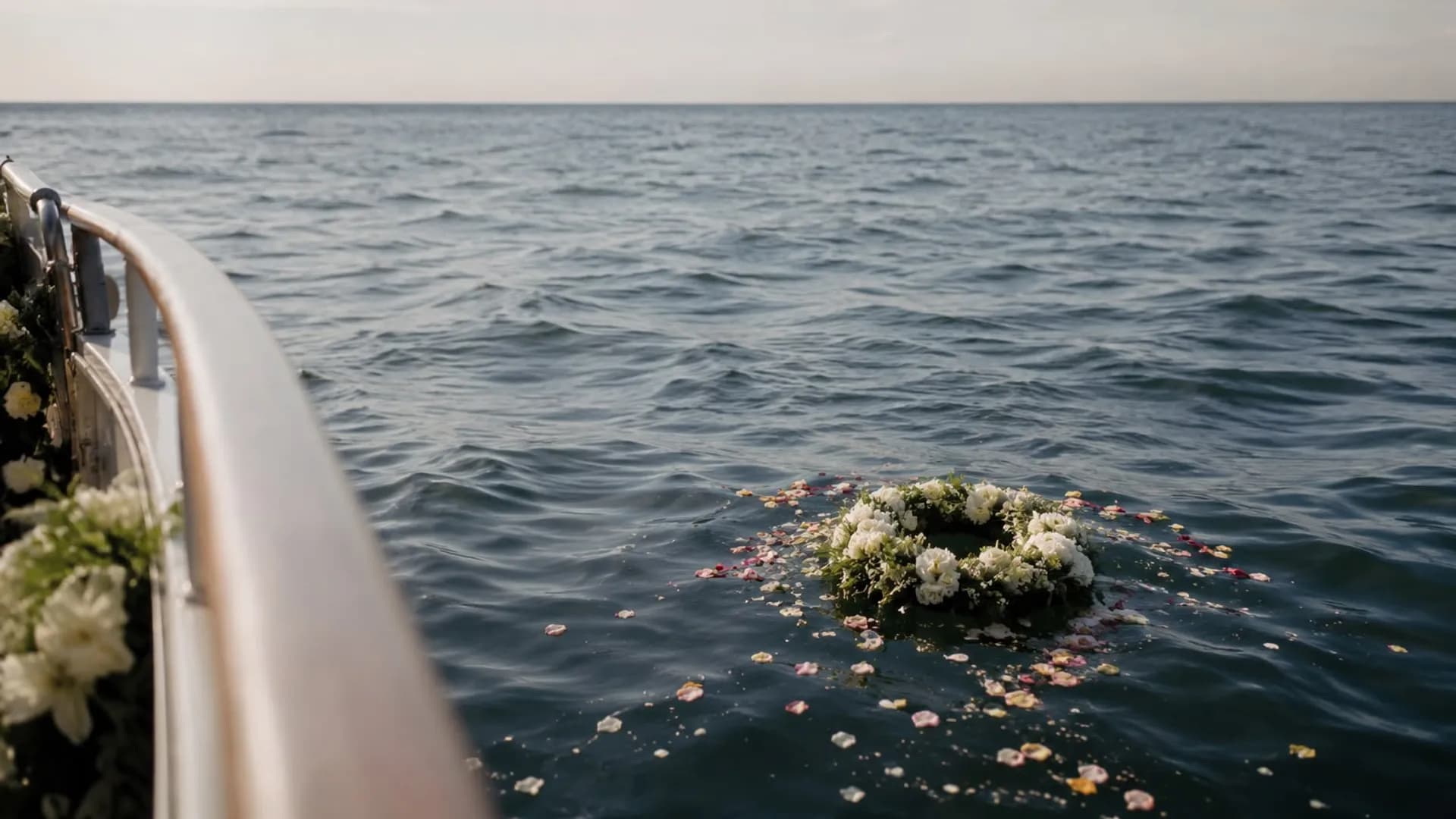 Blumenkranz treibt im Wasser nach Seebestattung